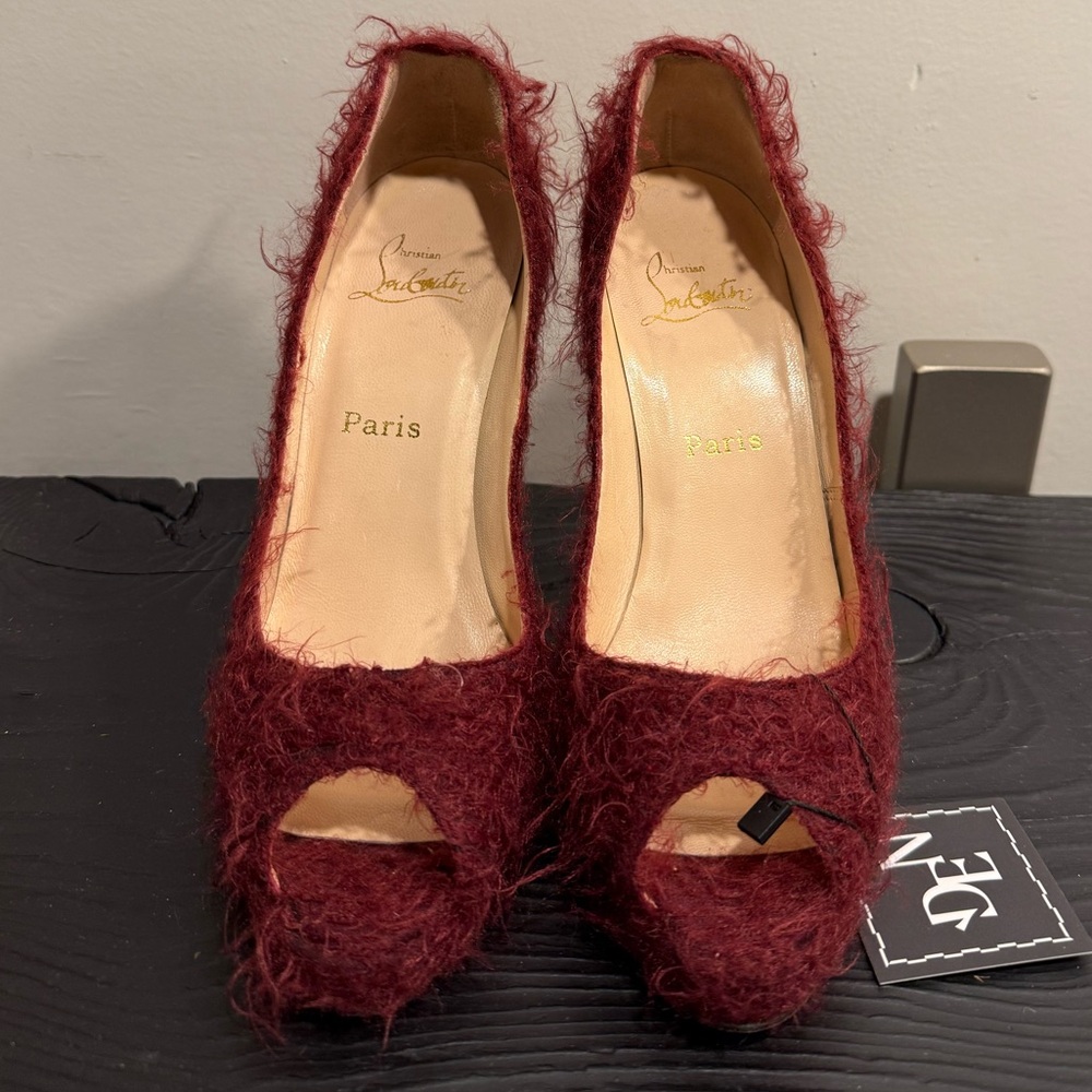 SOLD Authentic Christian Louboutin Berry Red Mohair Very Prive Peep Toe Pump